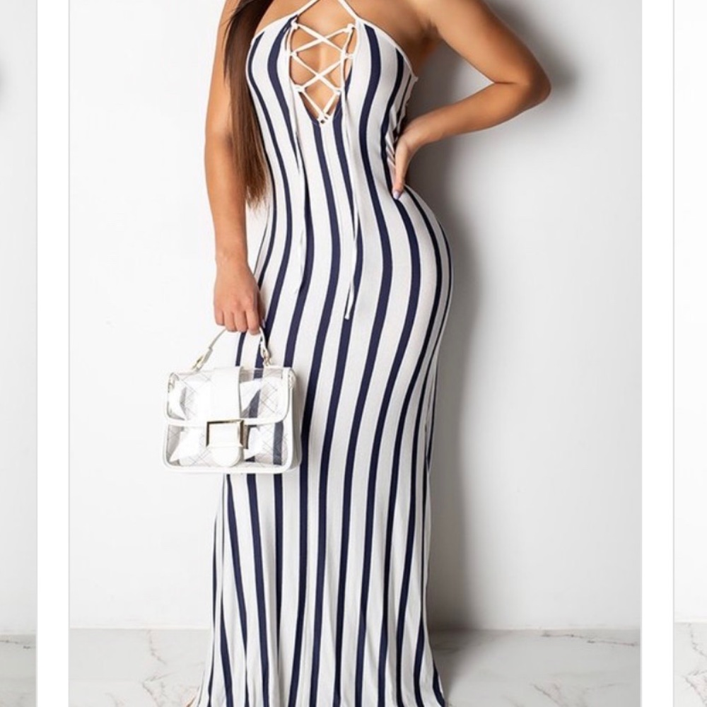 Navy white striped dress